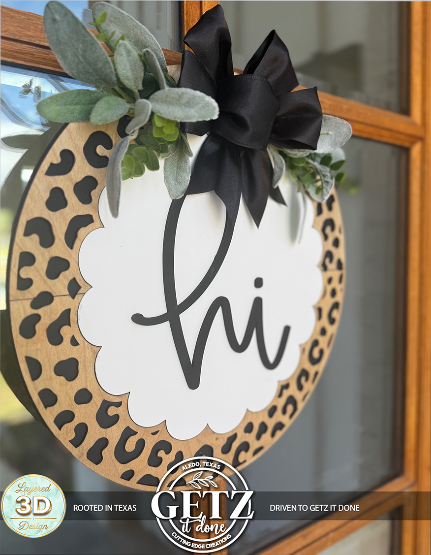 3D Leopard Print Hi Door Hanger Scalloped Wood Round Sign Front Porch Decor