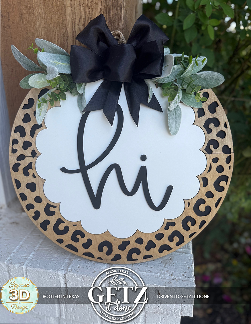 3D Leopard Print Hi Door Hanger Scalloped Wood Round Sign Front Porch Decor