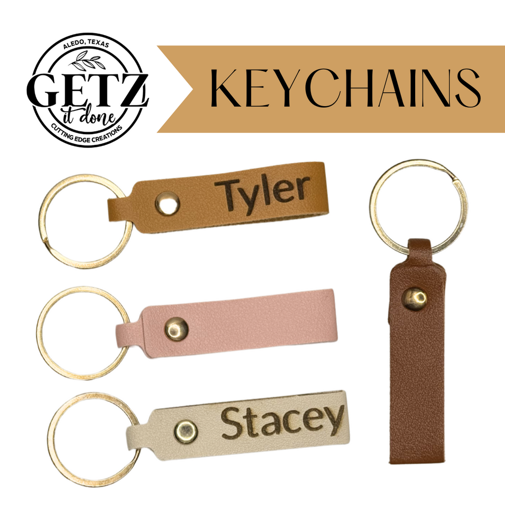 Four leather keychains displayed. The top left is brown with Tyler, below it is pink, the third is beige with Stacey, and the rightmost is dark brown. Each has a gold keyring. The top left includes GETZ it done logo and “KEYCHAINS” text in the upper right corner.