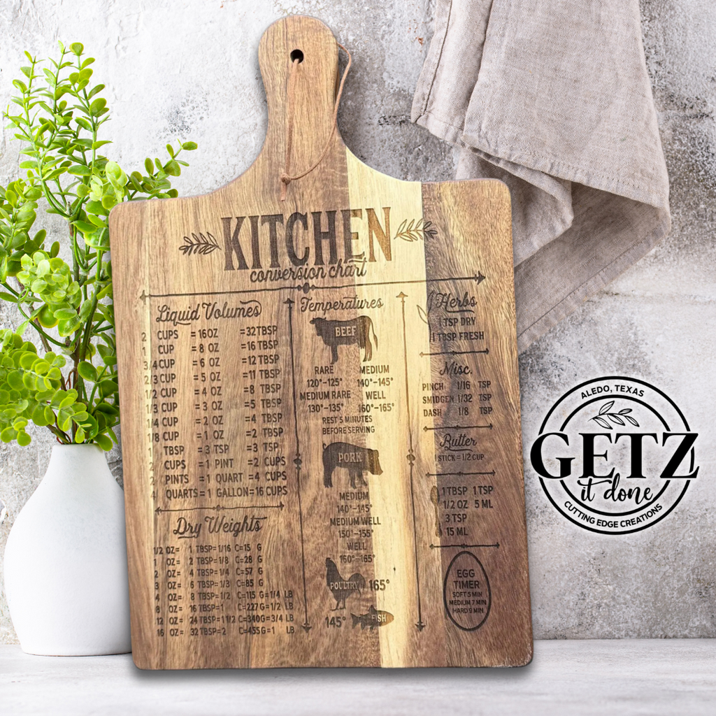 A wooden cutting board with a kitchen conversion chart, featuring measurements for liquid volumes, temperatures, and dry weights. It includes icons for various meat temperatures. The board rests against a light stone wall with a potted leafy plant and a fabric towel nearby.