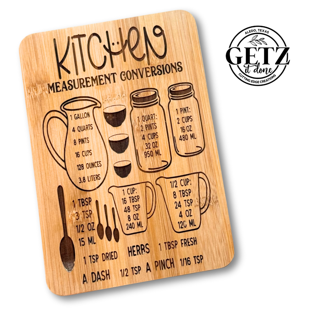 Wooden kitchen conversion chart with illustrations of measuring cups and spoons. Includes gallon, quart, pint, and cup conversions in milliliters, and tablespoons to teaspoons. Contains the text GETZ it done with a circular logo in the top right corner.