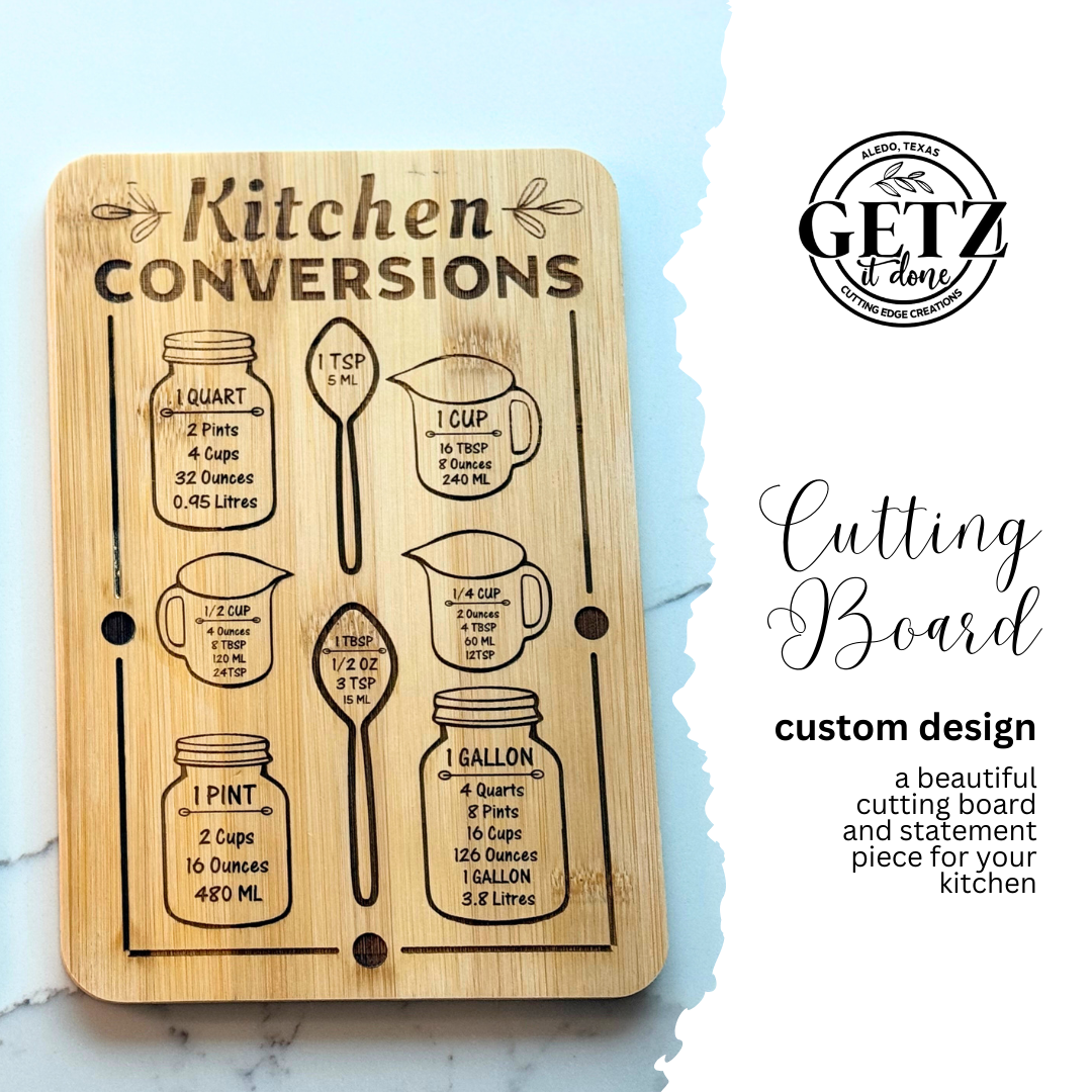 A wooden cutting board features kitchen conversions with engraved measurements for quarts, cups, pints, and gallons, illustrated with jars and spoons. The text includes conversions in cups, tablespoons, ounces, and liters. Beside it, Cutting Board custom design is printed elegantly.