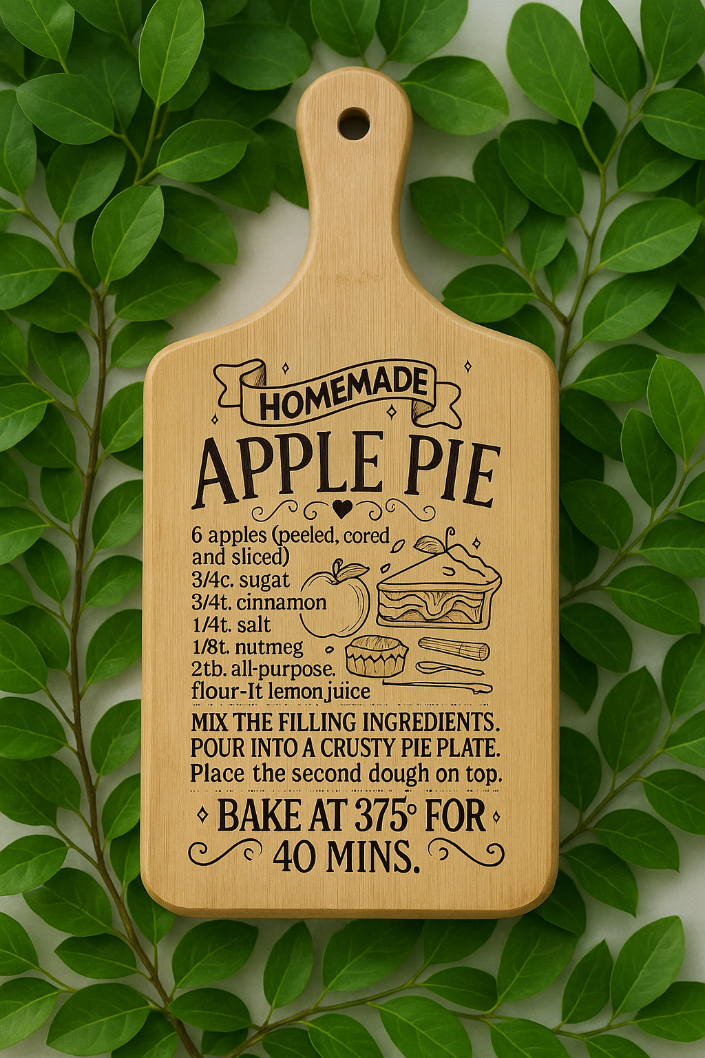 A wooden cutting board with a homemade apple pie recipe engraved on it, placed on green leaves. The recipe lists ingredients and instructions for baking apple pie at 375°F for 40 minutes. Illustrations of apples and pie are included.