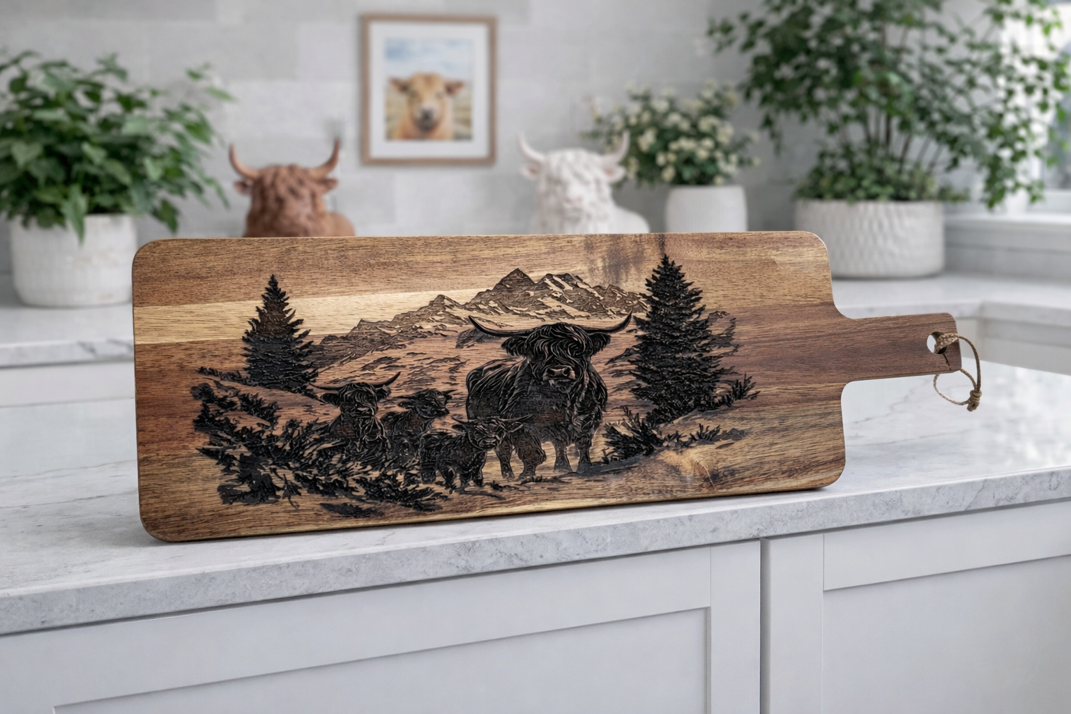 Tabla de cortar de madera de acacia con grabado de familia de vacas de las Tierras Altas en la ladera de la montaña