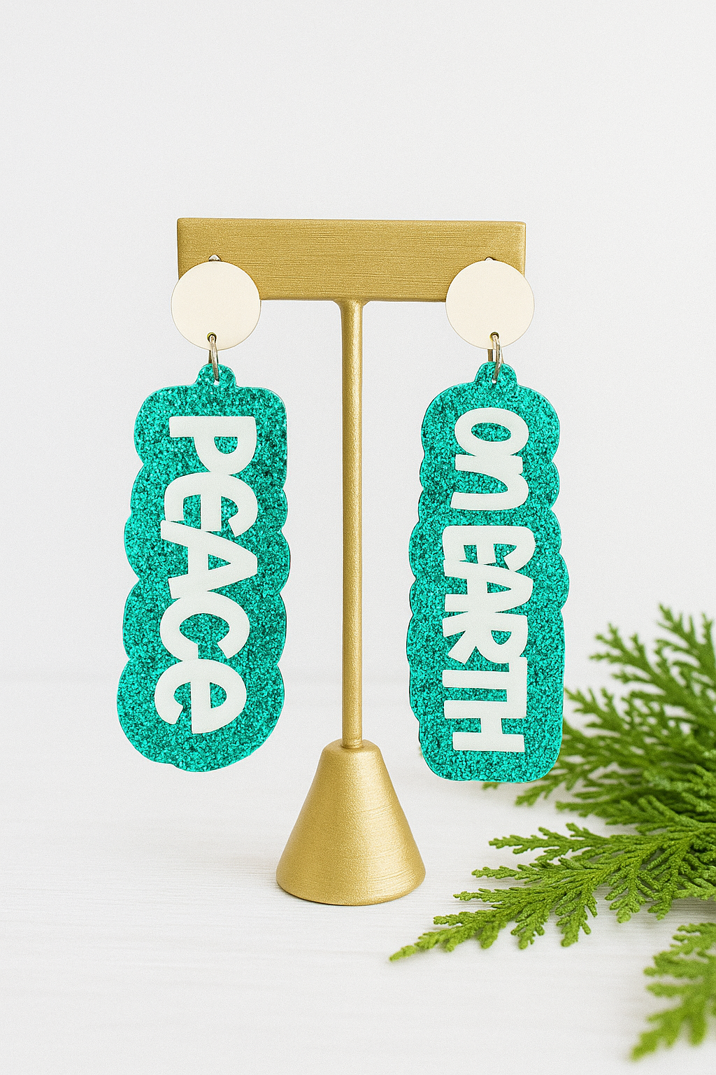 Peace on Earth Earrings | Christmas Acrylic Earrings | Green Glitter Bible Verse Earrings | Laser Cut Holiday Jewelry | Hypoallergenic Dangles