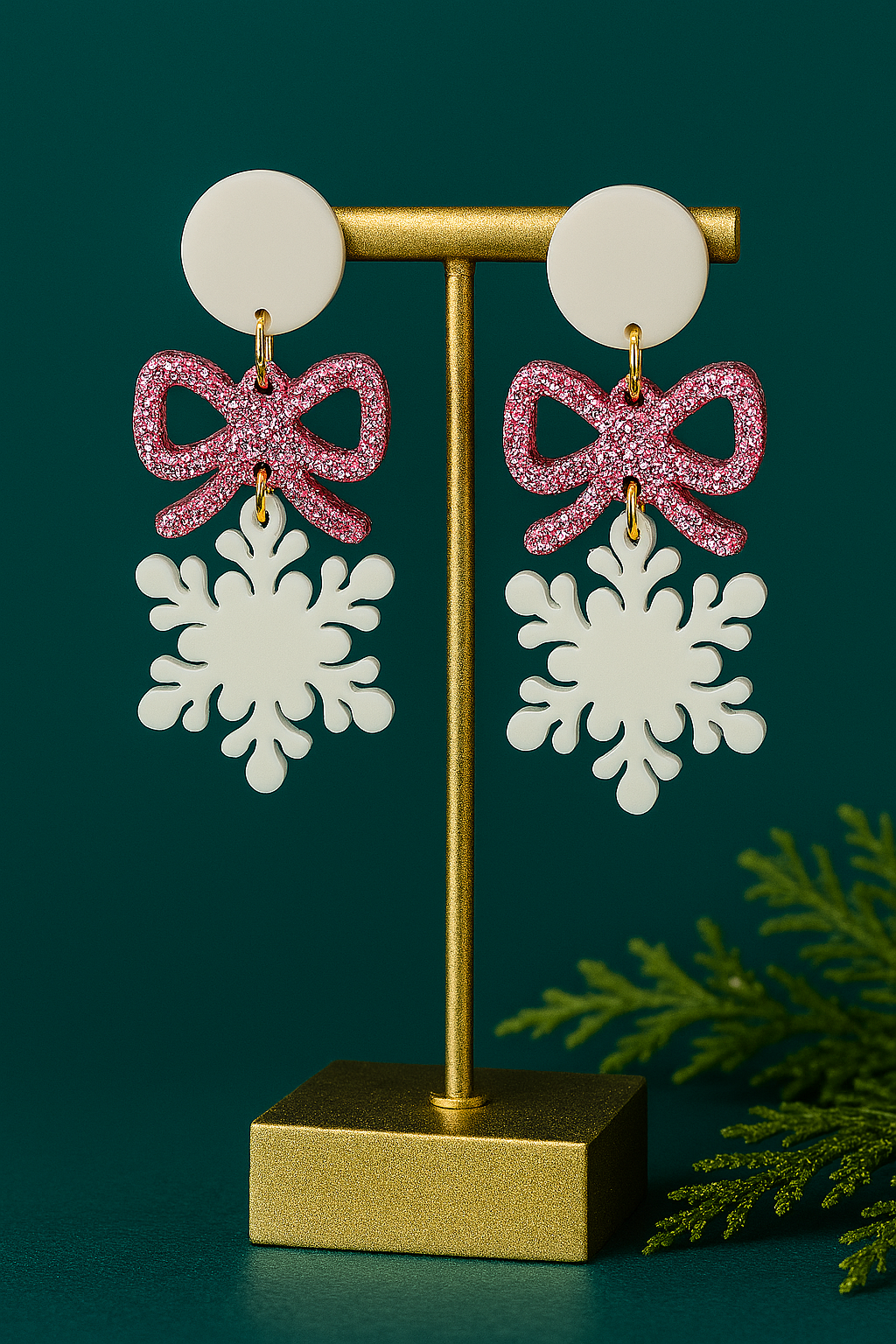 Pink Glitter Bow Snowflake Earrings • Christmas Acrylic Earrings • Holiday Statement Jewelry • Laser Cut Lightweight Earrings • Gift for Her