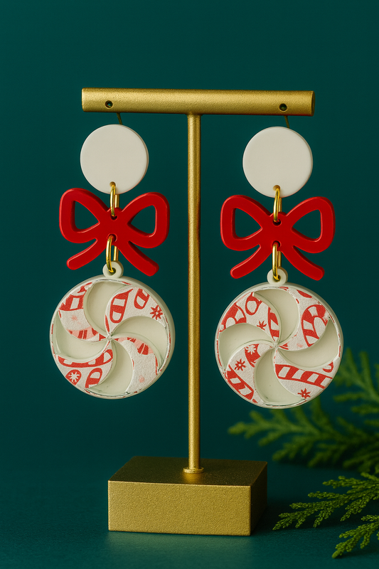 Peppermint Candy Earrings • Christmas Bow Earrings • Holiday Acrylic Earrings • Laser Cut Lightweight Jewelry • Festive Gift for Her