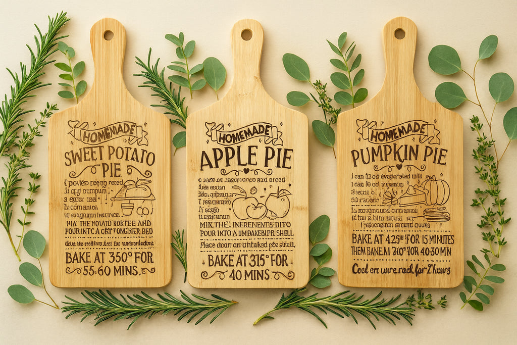 The Engraved Recipe Cutting Board, available in 11 or 15.5, displays detailed recipes for hot cocoa, cookies, apple pie, pumpkin pie, sweet potato, and eggnog—perfect for adding charm and function to your kitchen decor.
