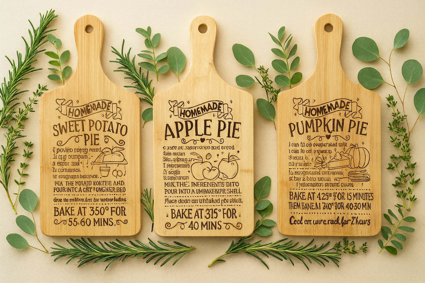 The Engraved Recipe Cutting Board, available in 11 or 15.5, displays detailed recipes for hot cocoa, cookies, apple pie, pumpkin pie, sweet potato, and eggnog—perfect for adding charm and function to your kitchen decor.