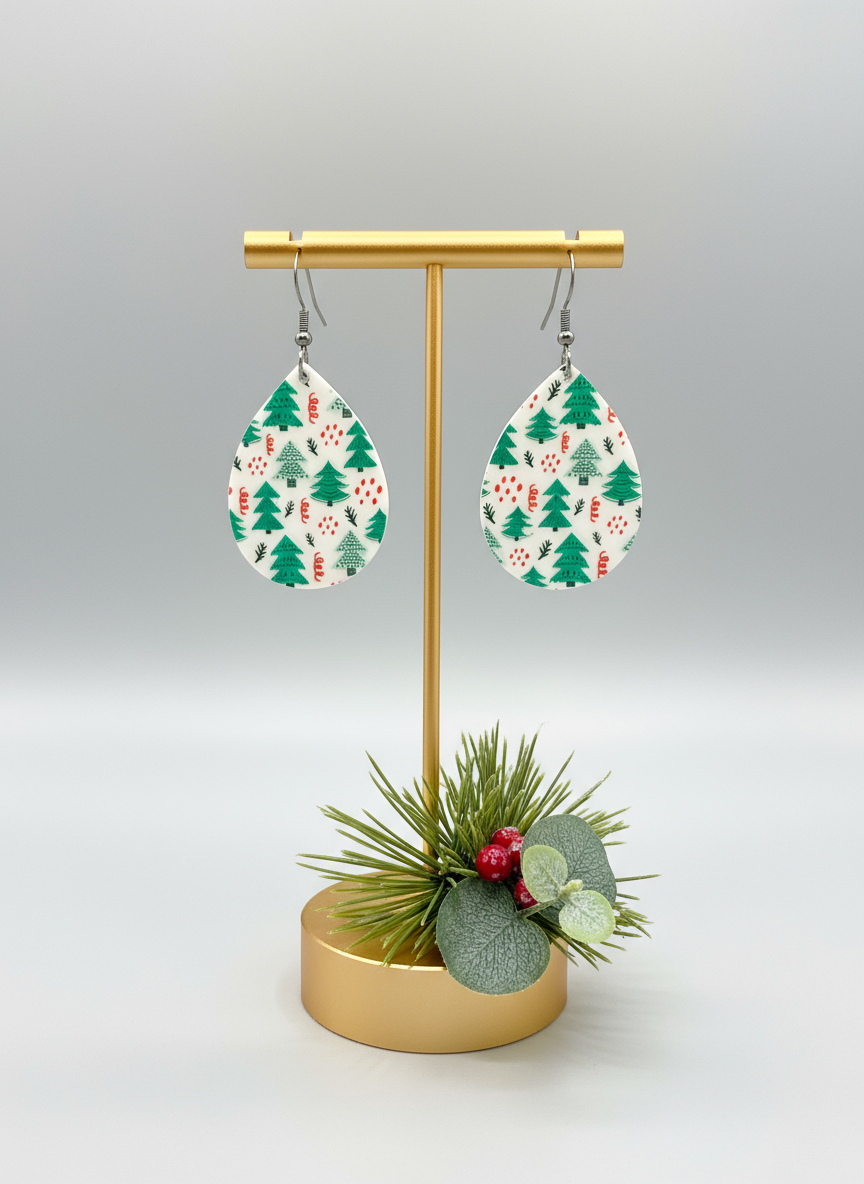 Christmas Tree Acrylic Earrings | Holiday Teardrop Earrings | Laser Cut Lightweight Jewelry | Festive Earrings | Hypoallergenic Hooks