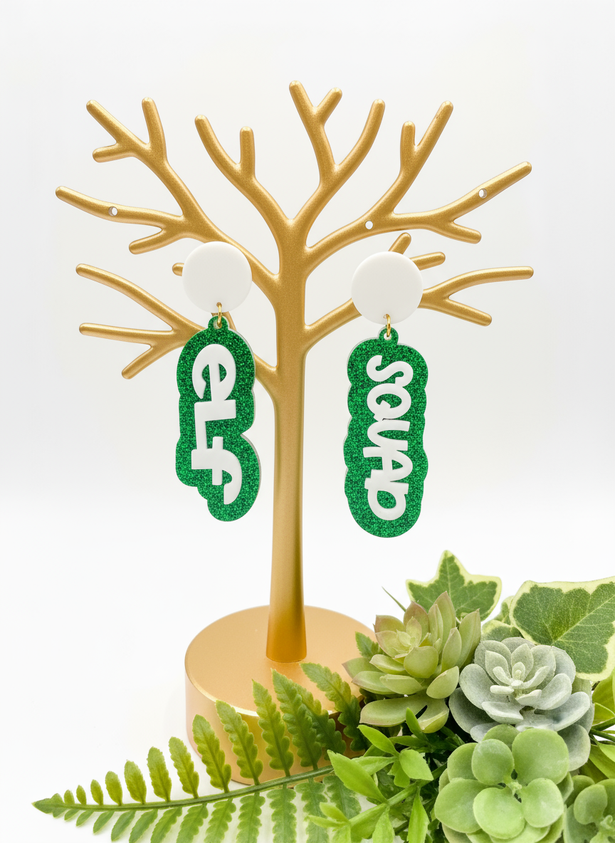 Elf Squad Earrings | Christmas Acrylic Earrings | Green Glitter Dangles | Laser Cut Holiday Earrings | Hypoallergenic Jewelry | Fun Xmas Gift