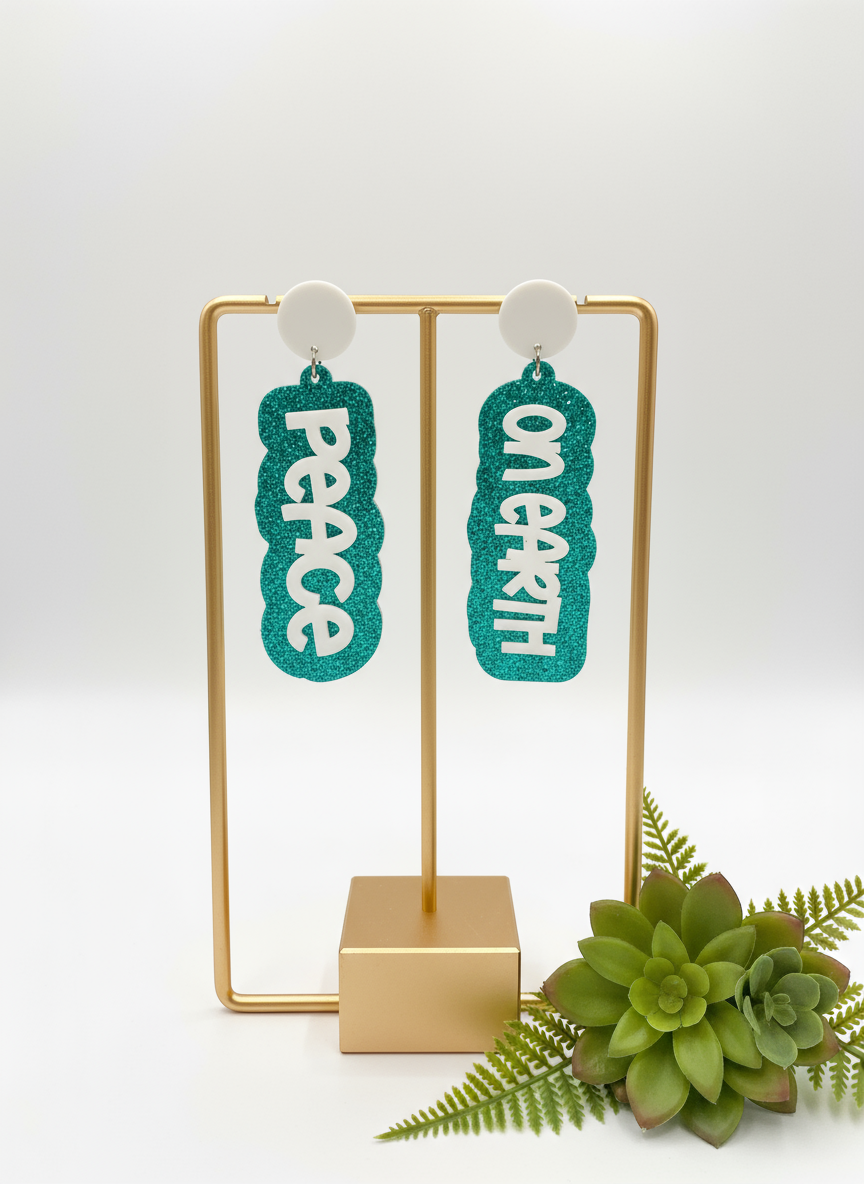 Peace on Earth Earrings | Christmas Acrylic Earrings | Green Glitter Bible Verse Earrings | Laser Cut Holiday Jewelry | Hypoallergenic Dangles