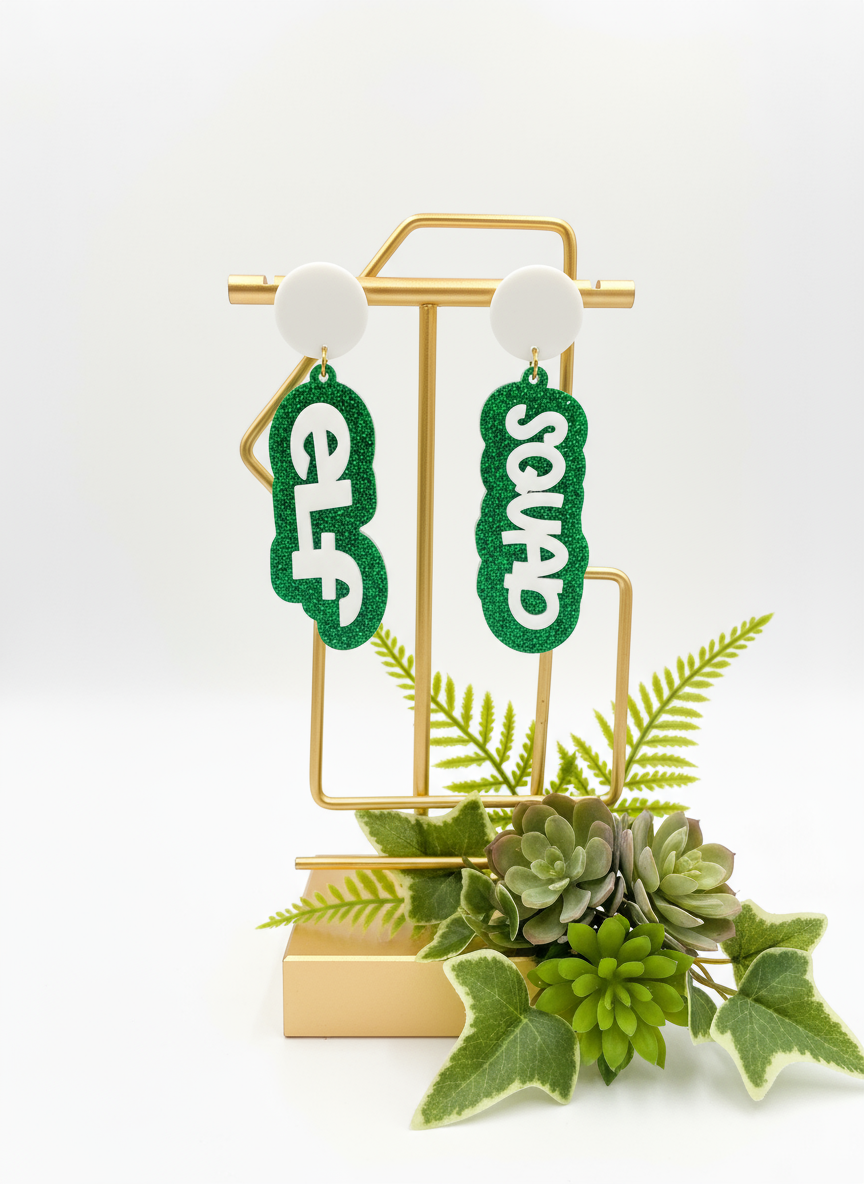 Elf Squad Earrings | Christmas Acrylic Earrings | Green Glitter Dangles | Laser Cut Holiday Earrings | Hypoallergenic Jewelry | Fun Xmas Gift