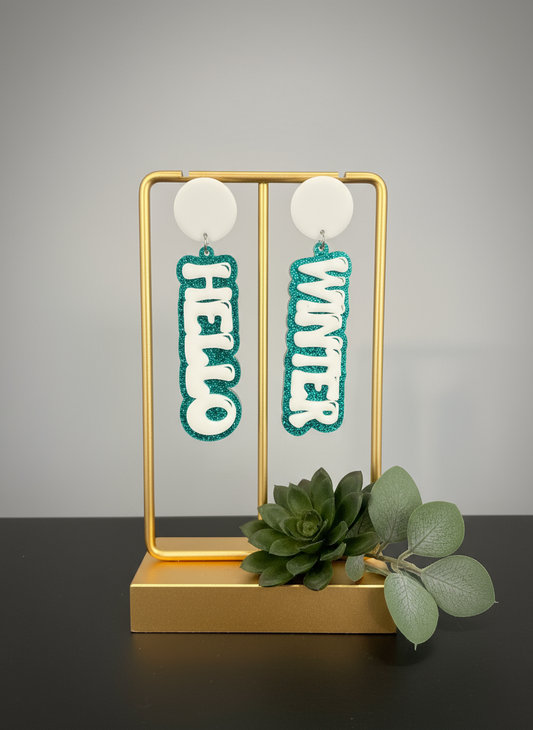 Hello Winter Earrings • Winter Acrylic Earrings • Glitter Blue Statement Earrings • Laser Cut Jewelry • Holiday Gift for Her • Lightweight Earrings