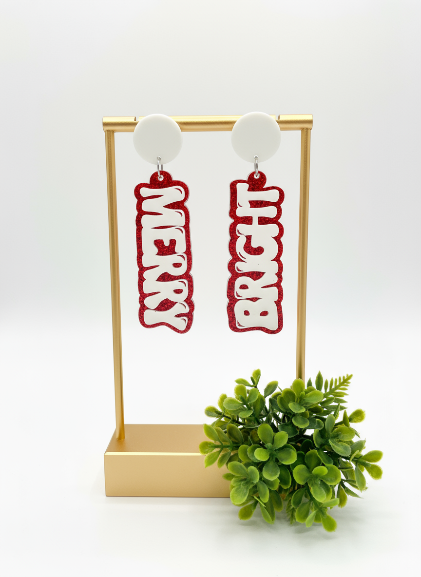 Merry & Bright Earrings • Christmas Acrylic Earrings • Red Glitter Holiday Jewelry • Laser Cut Statement Earrings • Gift for Her • Xmas Earrings