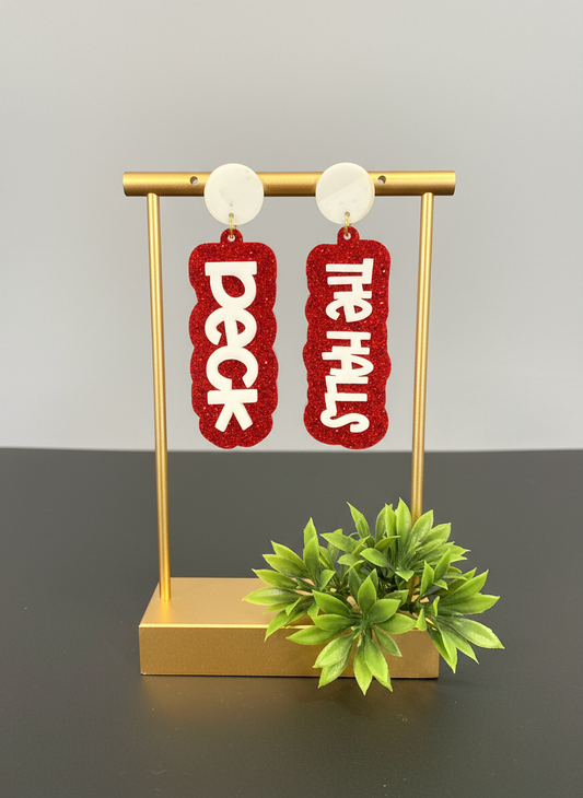 Deck the Halls Earrings • Christmas Acrylic Earrings • Red Glitter Holiday Jewelry • Laser Cut Statement Earrings • Xmas Gift for Her