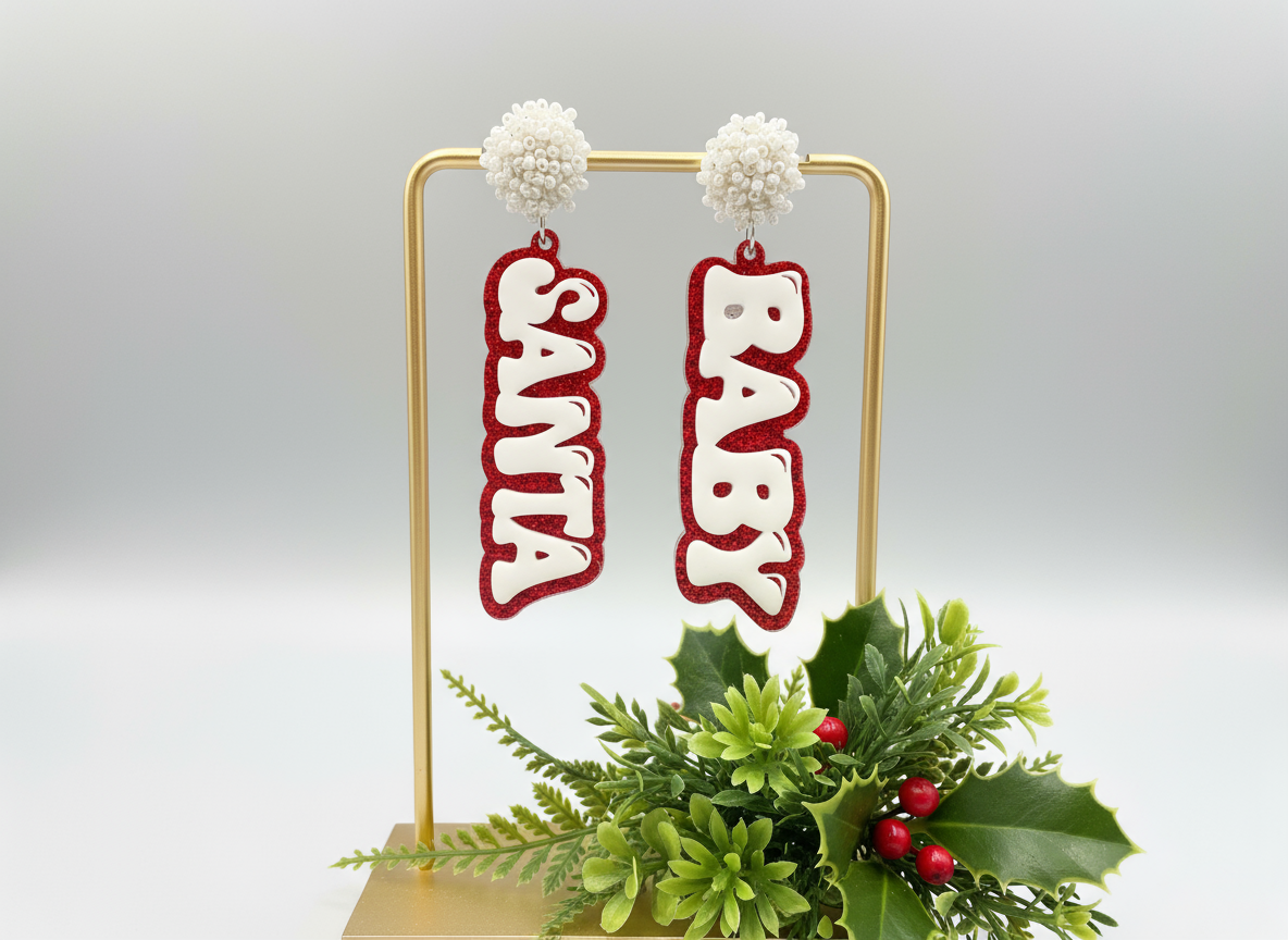 Santa Baby Earrings • Christmas Statement Earrings • Red Glitter Acrylic Earrings • Holiday Dangle Earrings • Festive Jewelry • Gift for Her