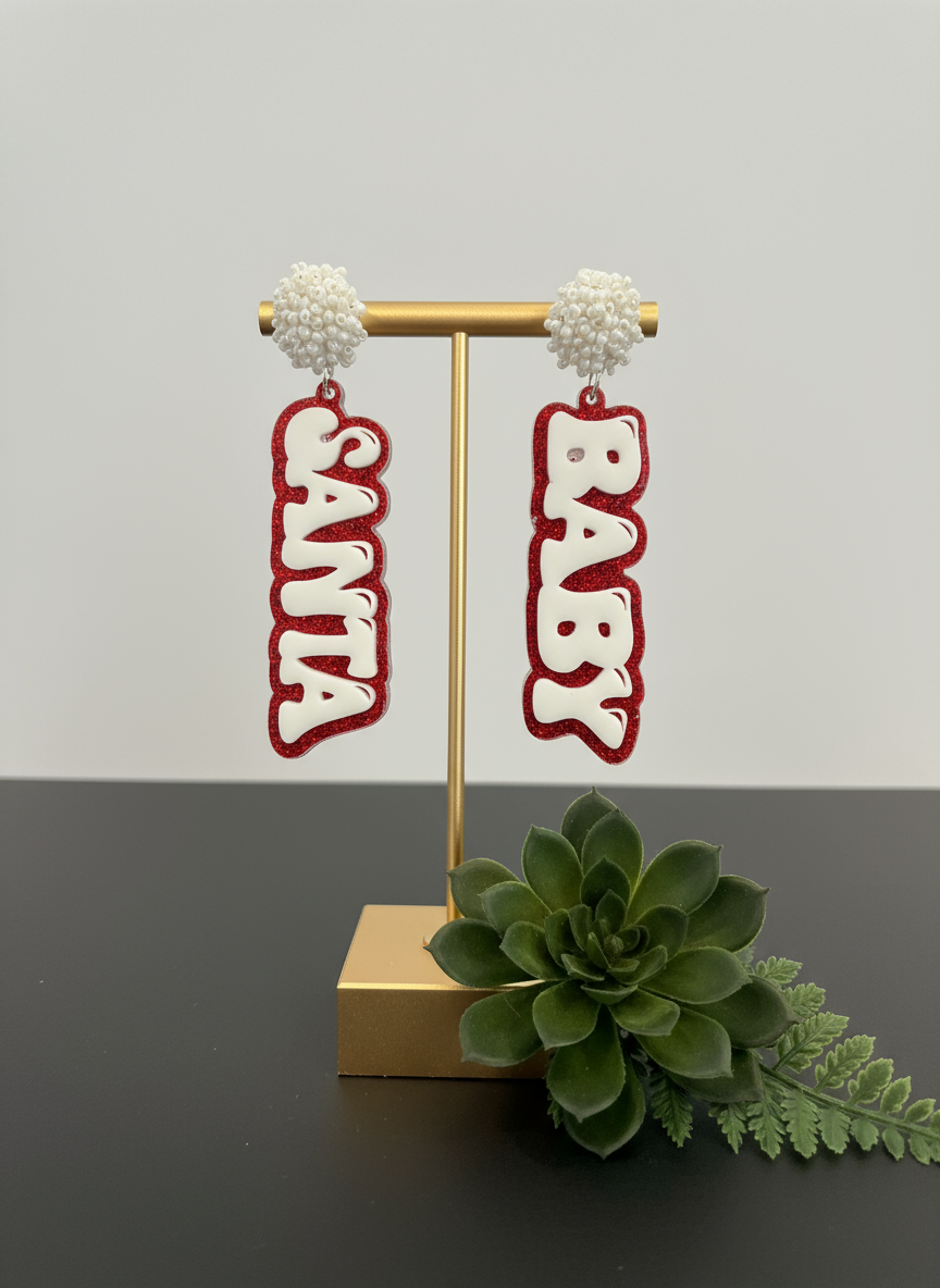 Santa Baby Earrings • Christmas Statement Earrings • Red Glitter Acrylic Earrings • Holiday Dangle Earrings • Festive Jewelry • Gift for Her