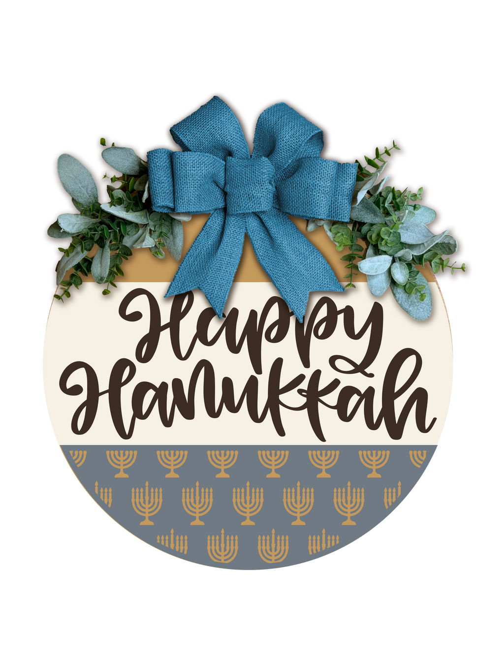 Happy Hanukkah Door Hanger – Menorah Pattern Round Front Door Sign – Modern Farmhouse Hanukkah Decor – Custom Color Holiday Wreath Alternative