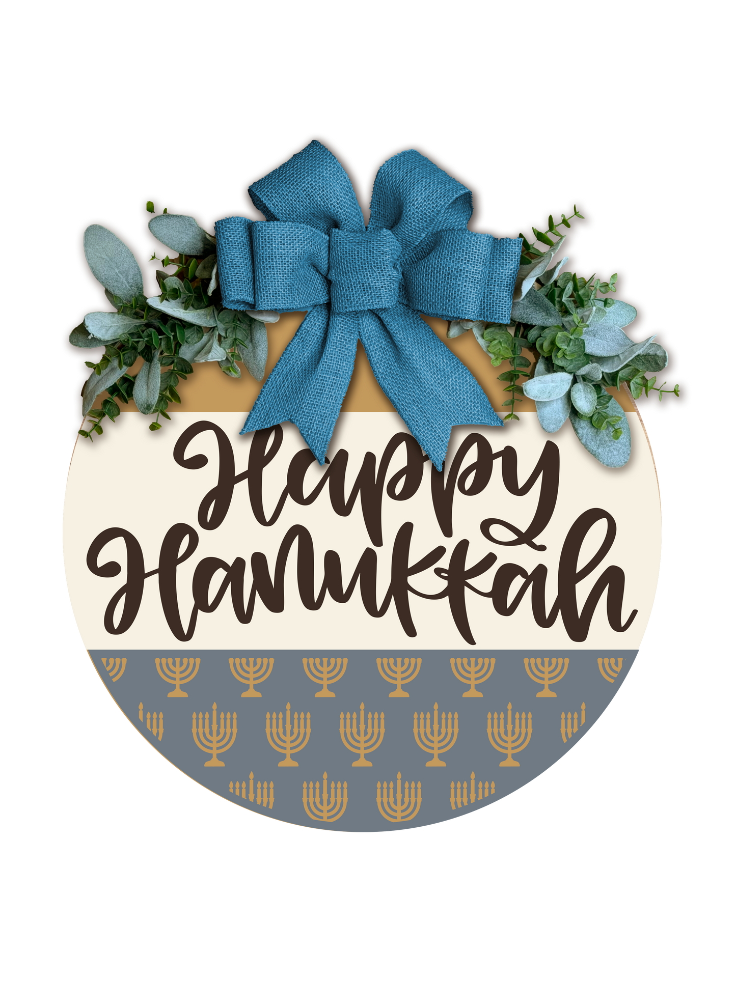 Happy Hanukkah Door Hanger – Menorah Pattern Round Front Door Sign – Modern Farmhouse Hanukkah Decor – Custom Color Holiday Wreath Alternative