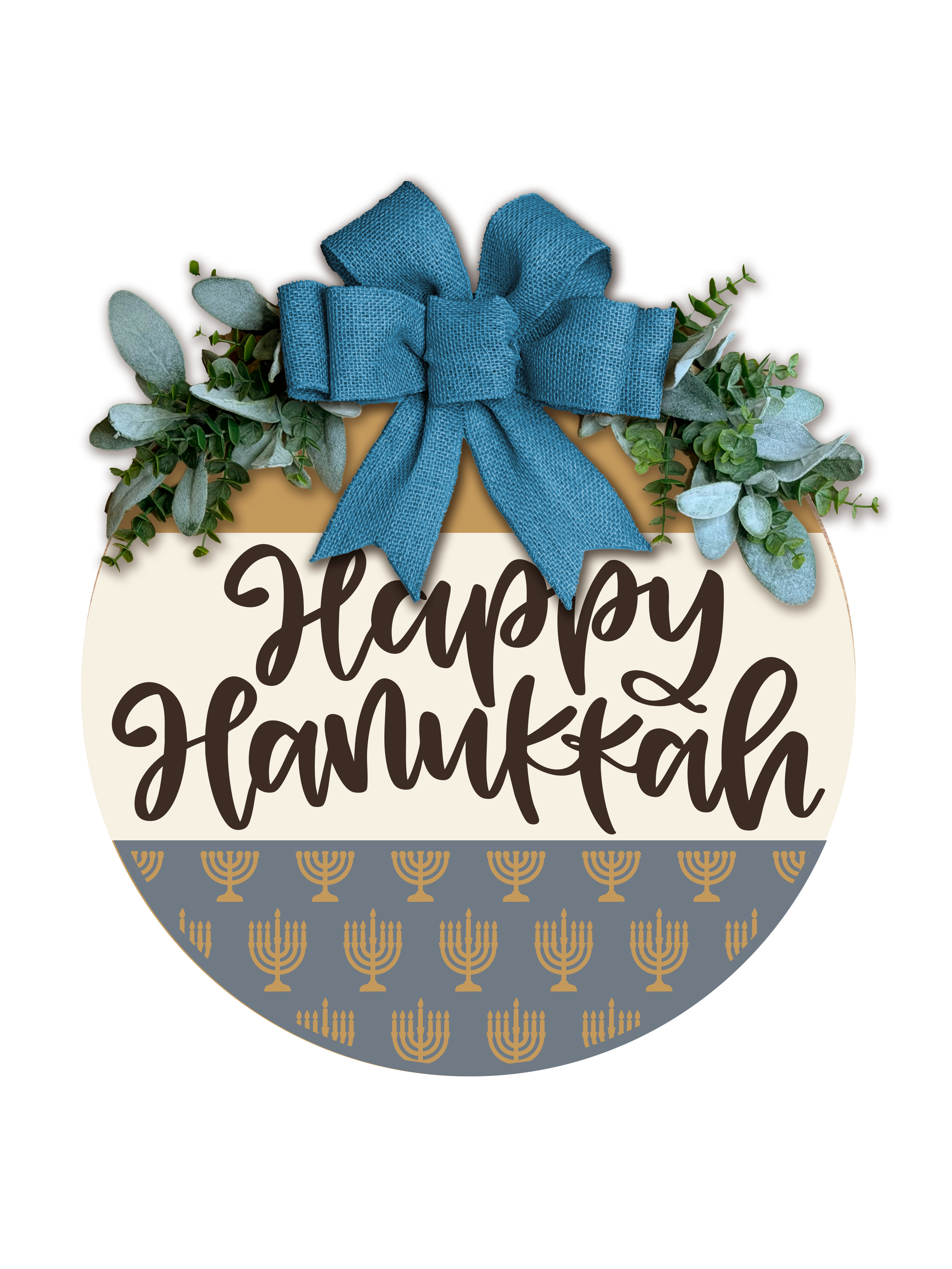 Happy Hanukkah Door Hanger – Menorah Pattern Round Front Door Sign – Modern Farmhouse Hanukkah Decor – Custom Color Holiday Wreath Alternative
