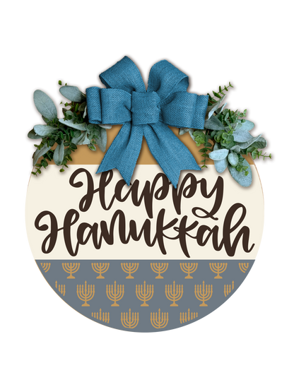 Happy Hanukkah Door Hanger – Menorah Pattern Round Front Door Sign – Modern Farmhouse Hanukkah Decor – Custom Color Holiday Wreath Alternative