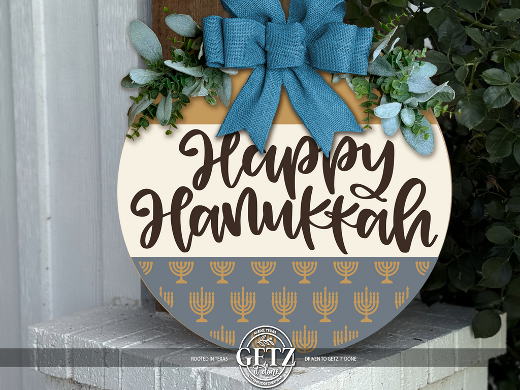 Happy Hanukkah Door Hanger – Menorah Pattern Round Front Door Sign – Modern Farmhouse Hanukkah Decor – Custom Color Holiday Wreath Alternative