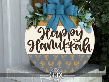 Happy Hanukkah Door Hanger – Menorah Pattern Round Front Door Sign – Modern Farmhouse Hanukkah Decor – Custom Color Holiday Wreath Alternative
