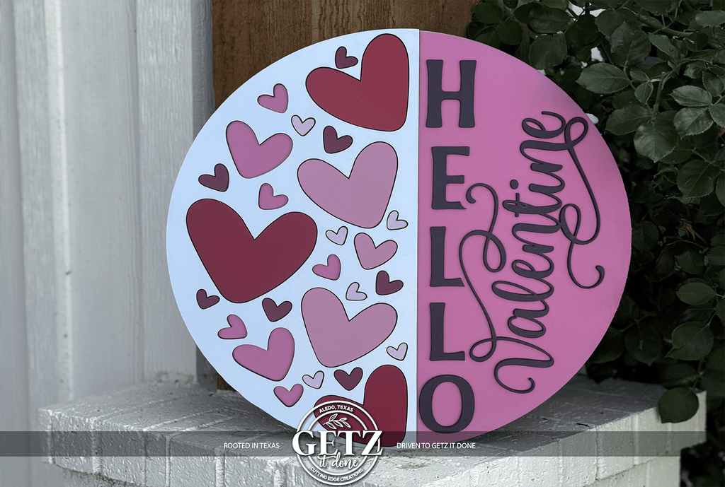 Hello Valentine Door Hanger • Valentine Front Door Sign • Pink Heart Decor • Valentine Porch Sign • Wooden Round Sign - 3D Layered Wood Door Sign by Getz It Done Studio