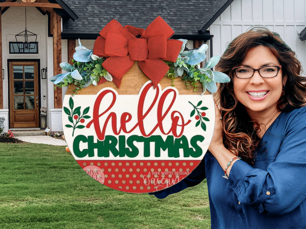 Hello Christmas Door Sign • Layered Holiday Round • Red & Green Christmas Decor • Farmhouse Christmas Porch Sign