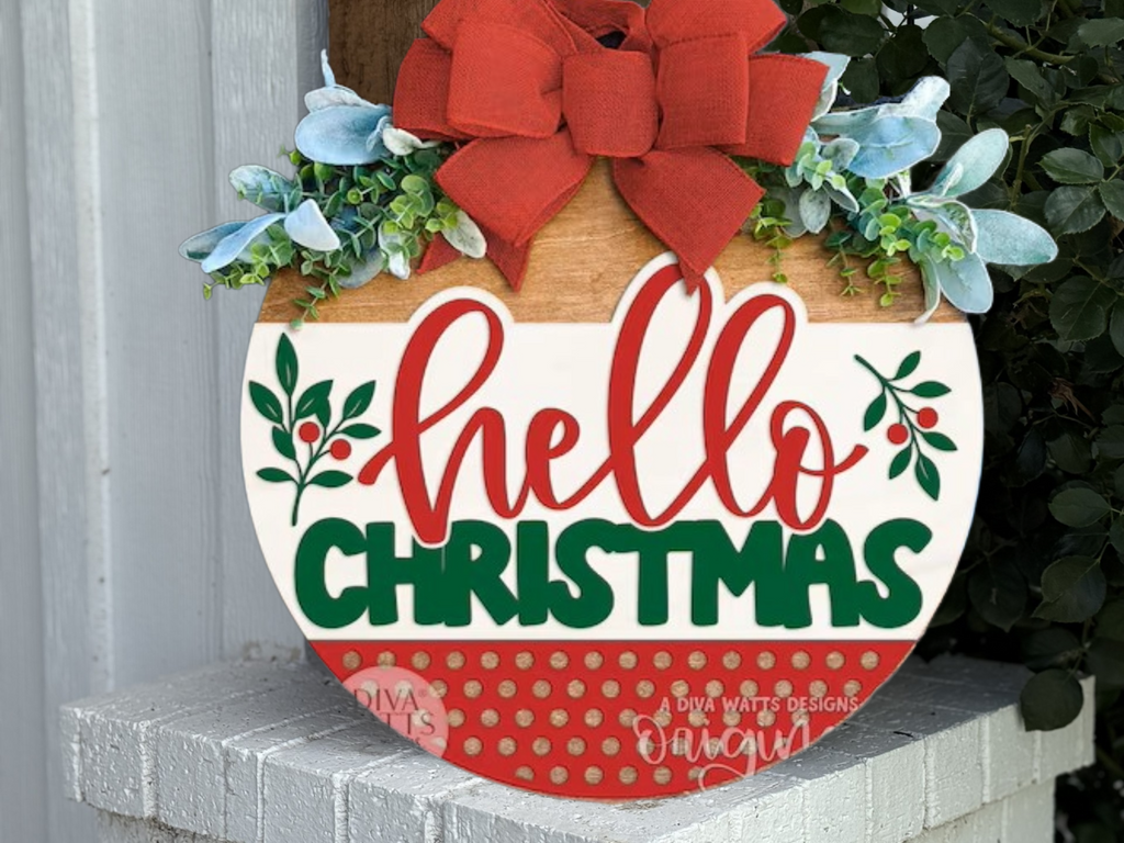 Hello Christmas Door Sign • Layered Holiday Round • Red & Green Christmas Decor • Farmhouse Christmas Porch Sign