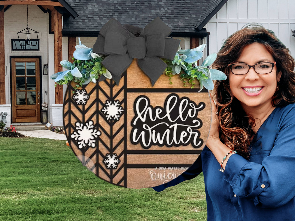 Hello Winter Door Sign • Snowflake Layered Winter Decor • Herringbone Pattern Door Hanger