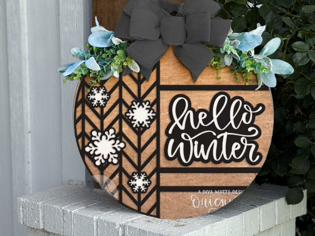 Hello Winter Door Sign • Snowflake Layered Winter Decor • Herringbone Pattern Door Hanger