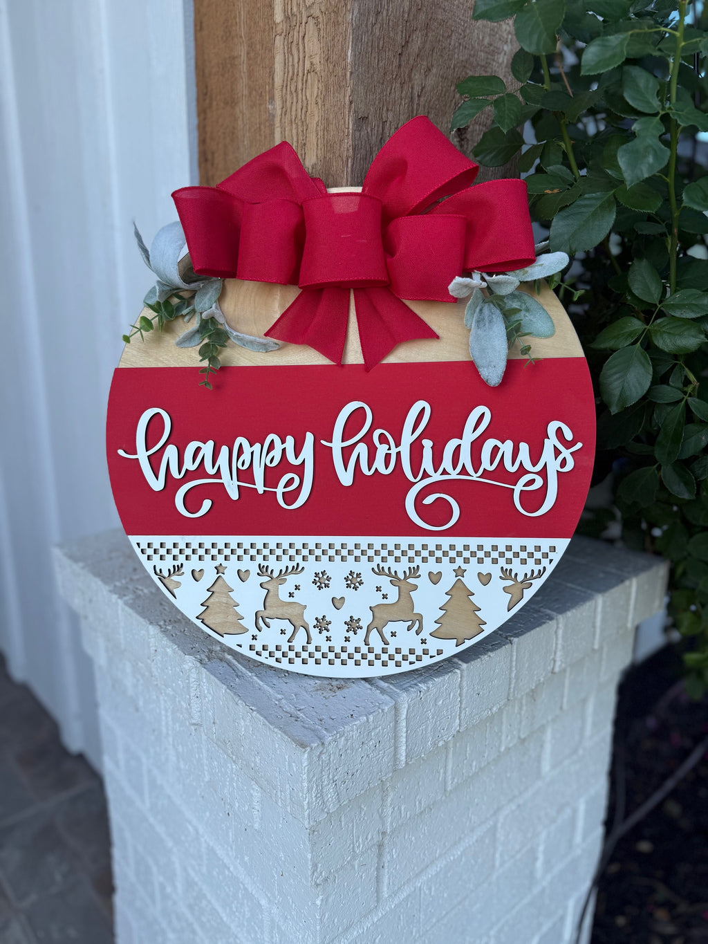 Happy Holidays Door Sign | Rustic Farmhouse Christmas Door Hanger | Red Holiday Front Porch Sign with Reindeer & Trees | Winter Decor