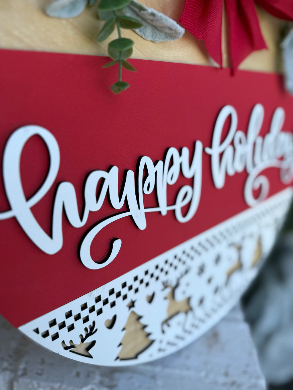 Happy Holidays Door Sign | Rustic Farmhouse Christmas Door Hanger | Red Holiday Front Porch Sign with Reindeer & Trees | Winter Decor