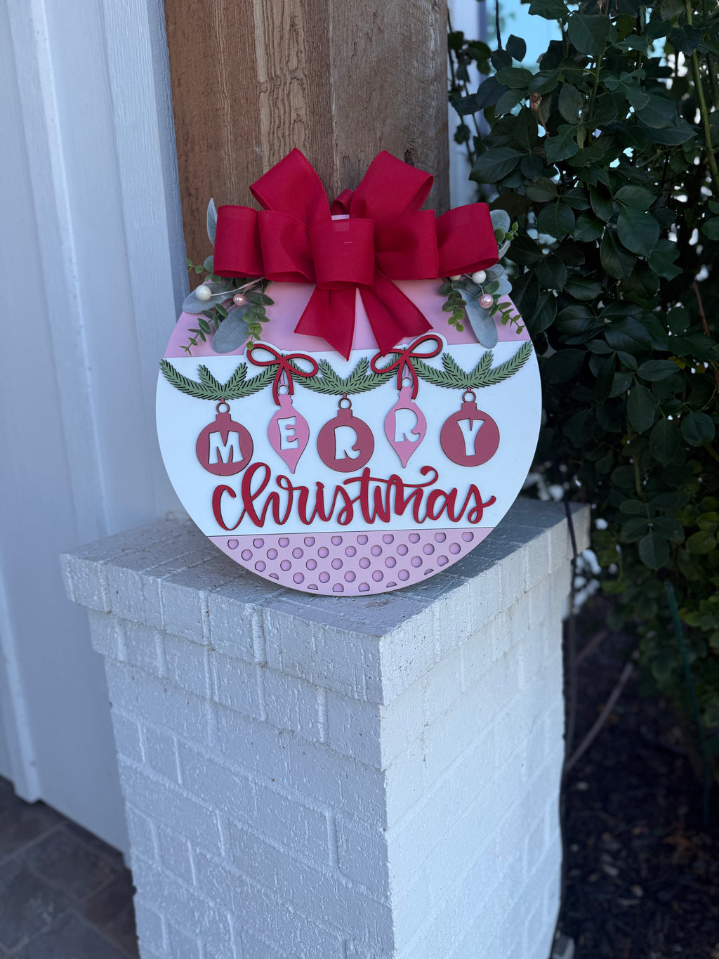 Merry Christmas Ornaments Door Sign – 3D Layered Wooden Holiday Wreath, Farmhouse Christmas Front Door Hanger with Pink Bow