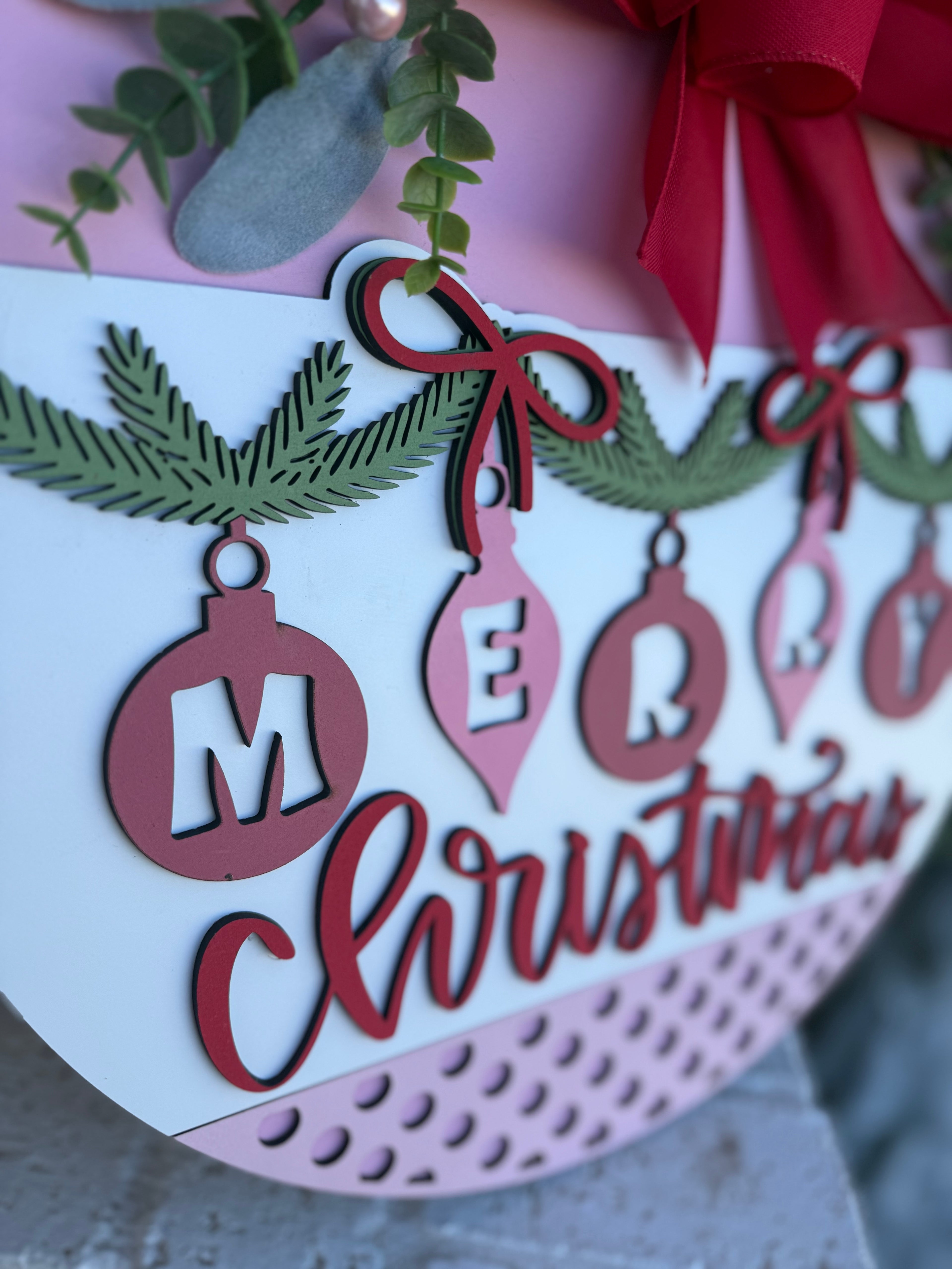 Merry Christmas Ornaments Door Sign – 3D Layered Wooden Holiday Wreath, Farmhouse Christmas Front Door Hanger with Pink Bow