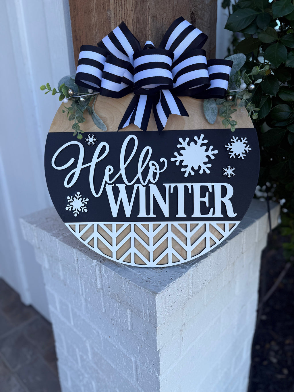 Hello Winter Door Sign – Black and White Winter Door Hanger, Snowflake Porch Decor, Farmhouse Winter Sign, Handmade Layered Wood