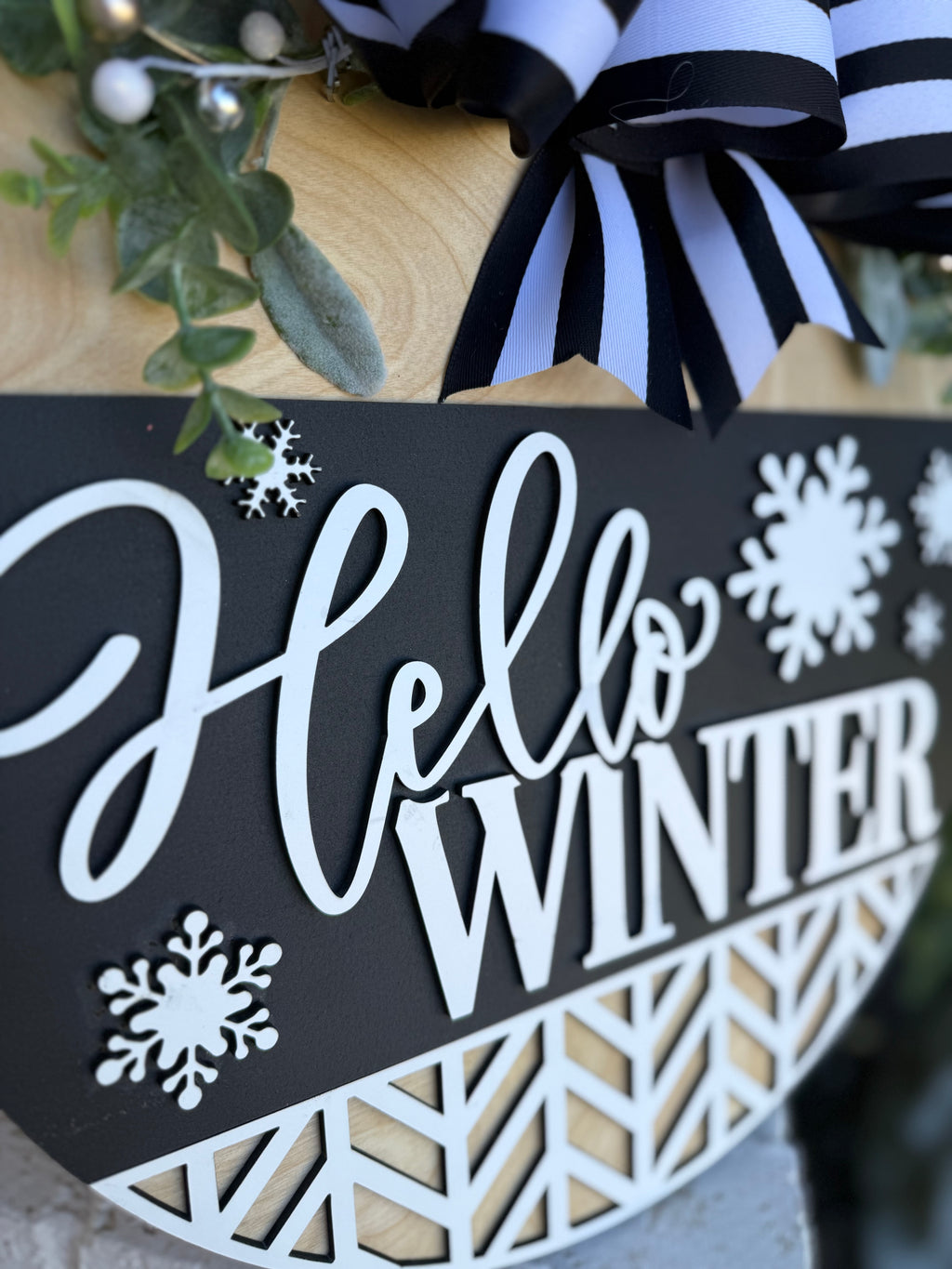 Hello Winter Door Sign – Black and White Winter Door Hanger, Snowflake Porch Decor, Farmhouse Winter Sign, Handmade Layered Wood