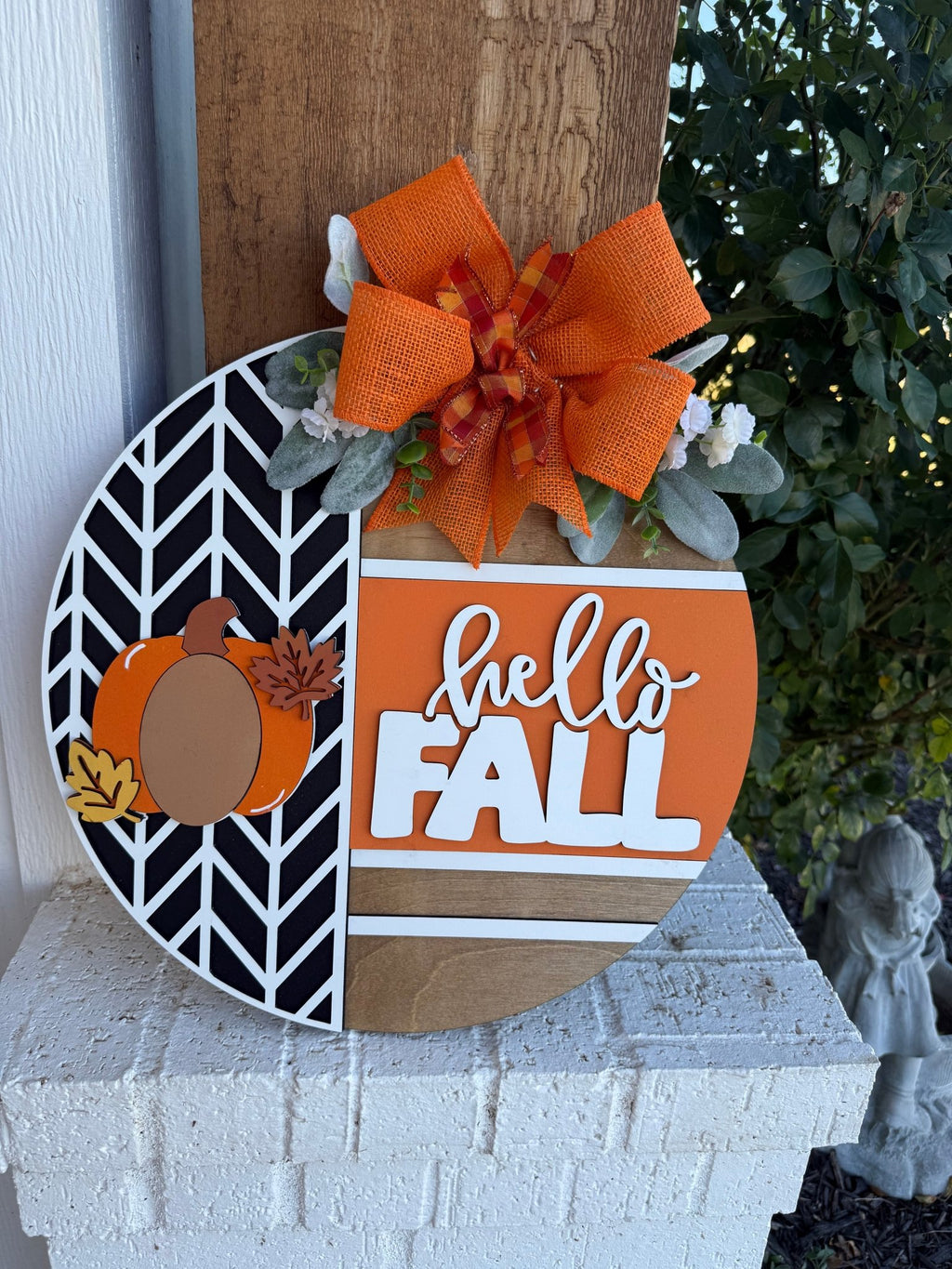 Hello Fall Door Sign – Laser Cut, Hand Painted Pumpkin Wreath with Bow, Farmhouse Autumn Porch Decor, Outdoor Safe Fall Door Hanger - 3D Layered Wood Door Sign by Getz It Done Studio