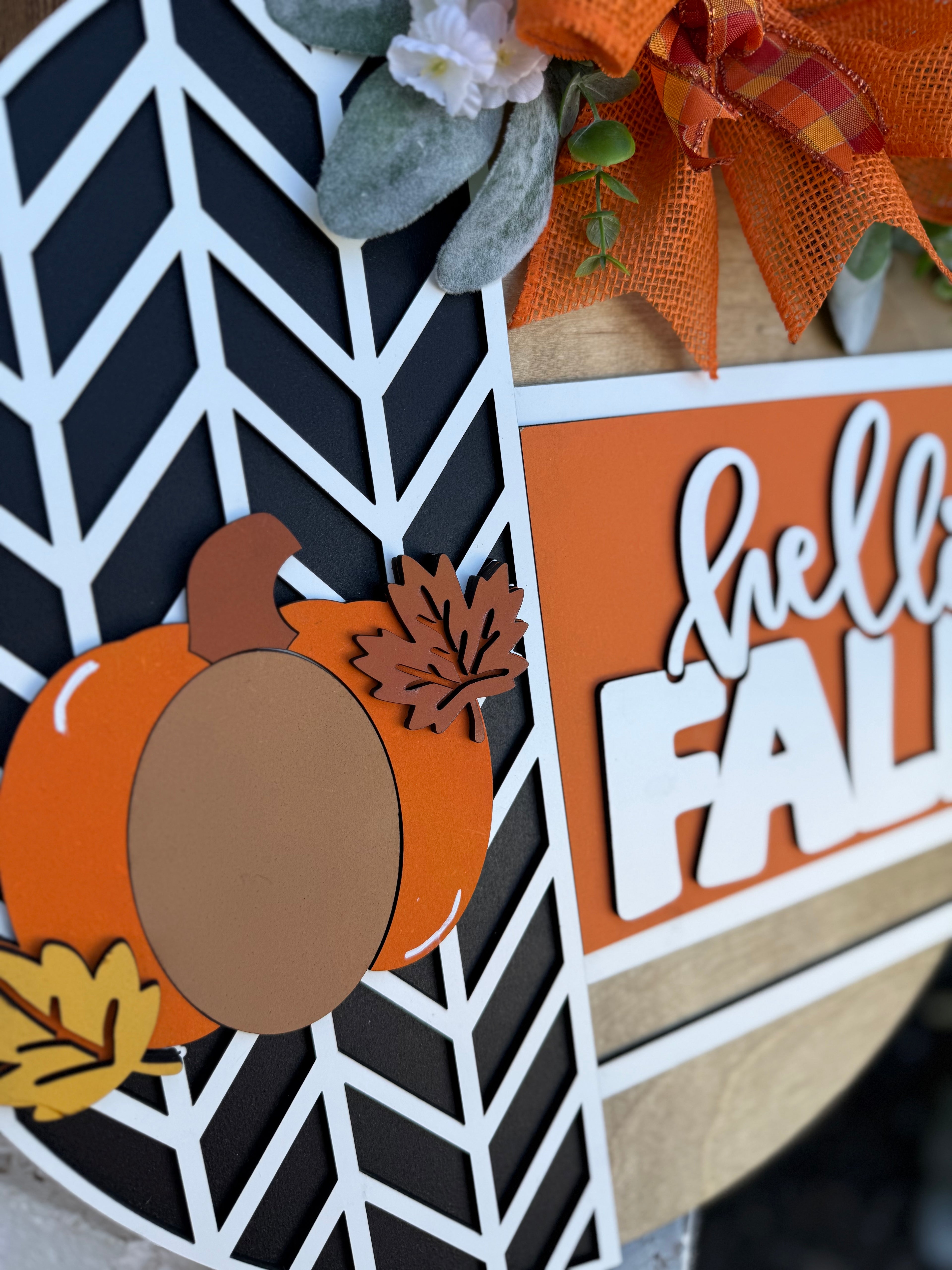 Hello Fall Door Sign – Laser Cut, Hand Painted Pumpkin Wreath with Bow, Farmhouse Autumn Porch Decor, Outdoor Safe Fall Door Hanger