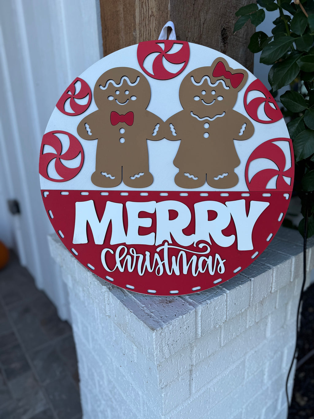Merry Christmas Gingerbread Door Sign – Peppermint and Cookie Couple Door Hanger, Handmade Layered Wood Holiday Decor