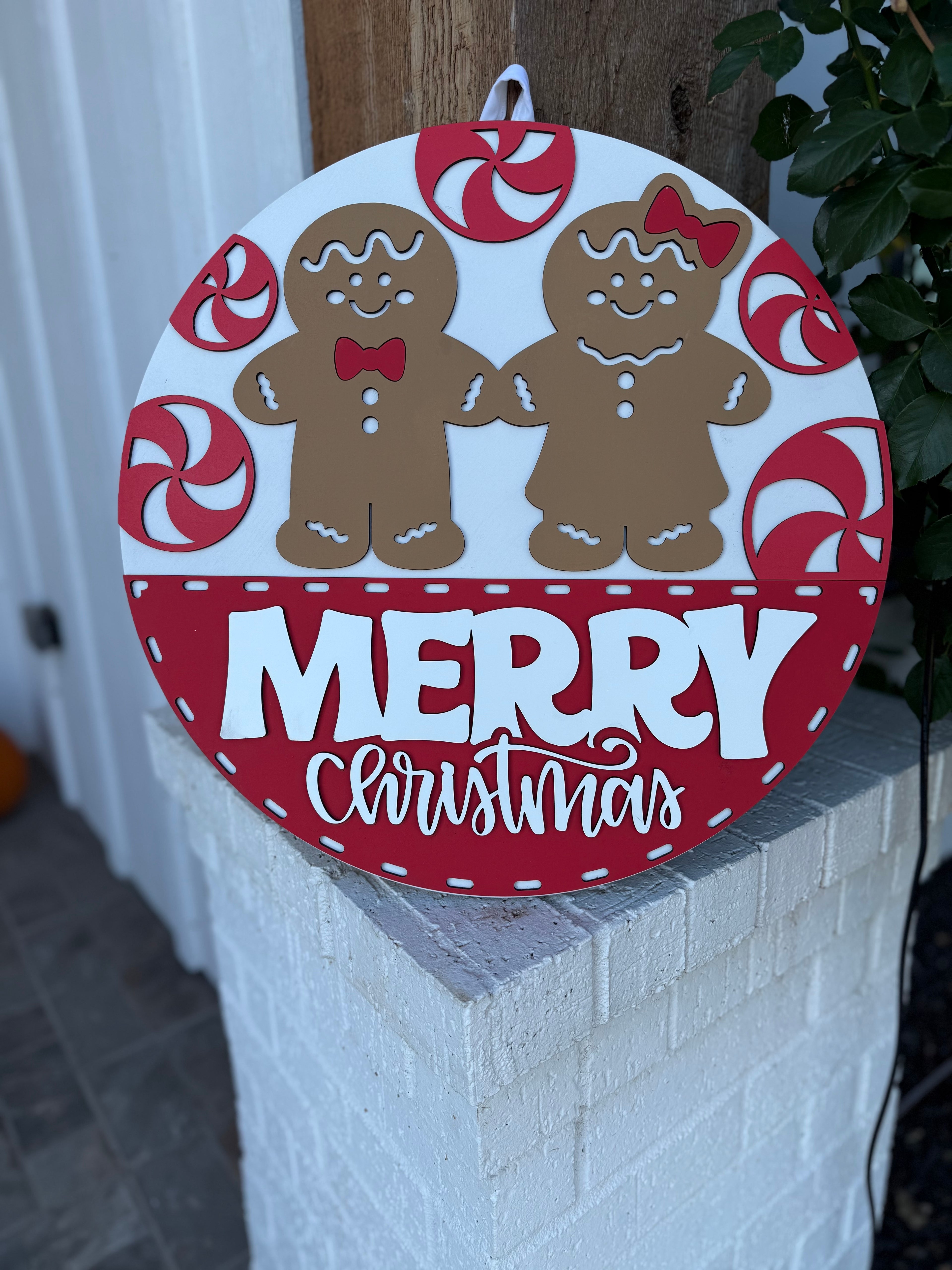 Merry Christmas Gingerbread Door Sign – Peppermint and Cookie Couple Door Hanger, Handmade Layered Wood Holiday Decor