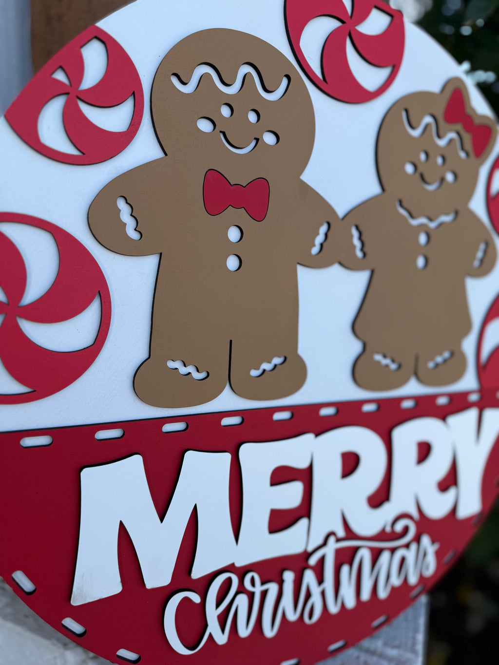 Merry Christmas Gingerbread Door Sign – Peppermint and Cookie Couple Door Hanger, Handmade Layered Wood Holiday Decor