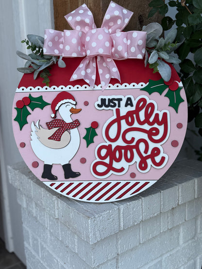 Just a Jolly Goose Christmas Door Sign – Holiday Goose Wreath, Funny Farmhouse Winter Porch Decor, Rustic Layered Wood Wall Hanging