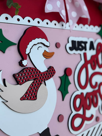 Just a Jolly Goose Christmas Door Sign – Holiday Goose Wreath, Funny Farmhouse Winter Porch Decor, Rustic Layered Wood Wall Hanging