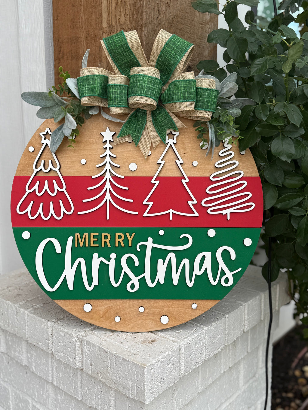 4 Hand-Drawn Tree Christmas Sign • Merry Christmas Door Round • Holiday Porch Décor • Layered Wood Handmade Door Hanger