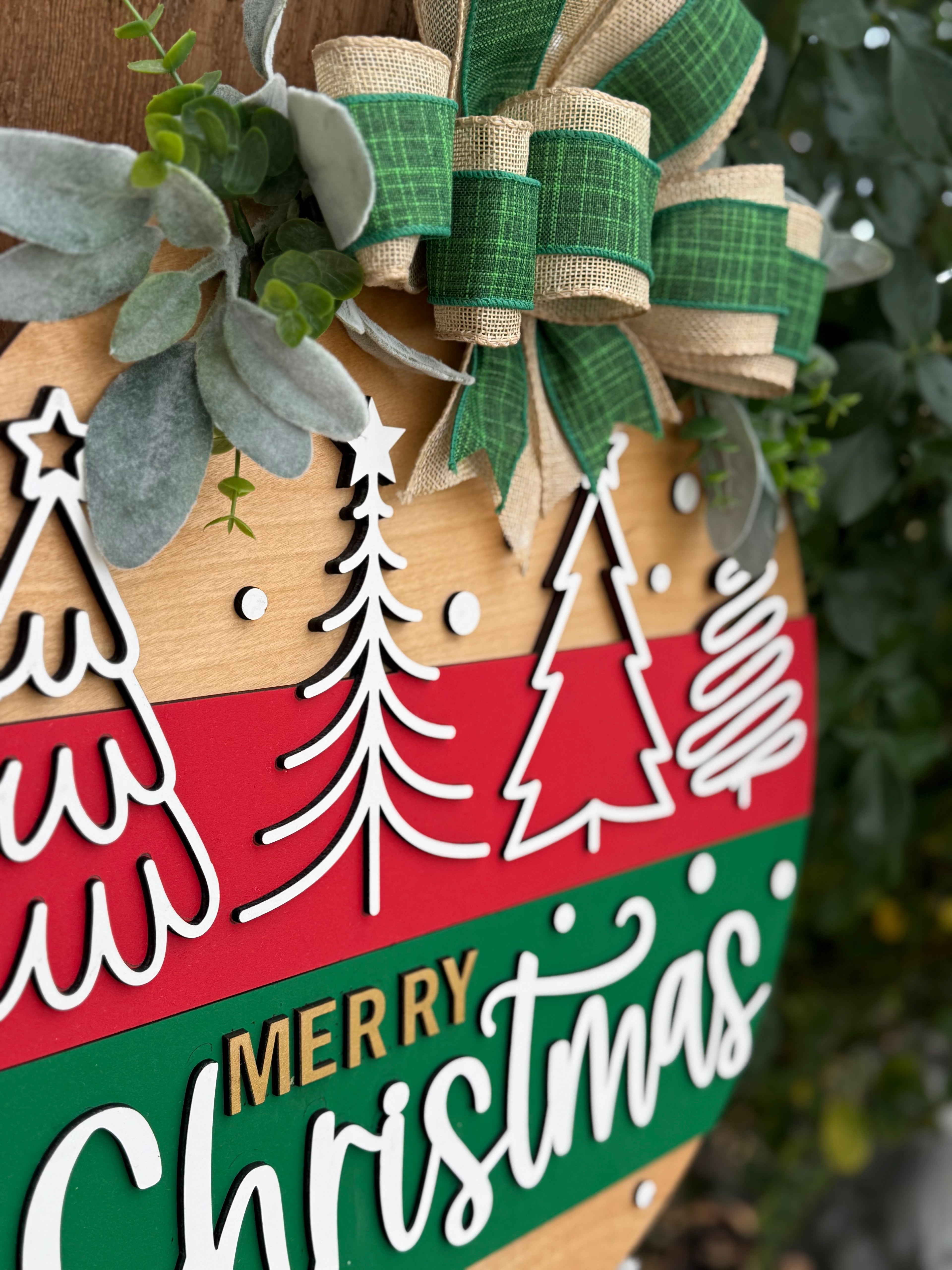 4 Hand-Drawn Tree Christmas Sign • Merry Christmas Door Round • Holiday Porch Décor • Layered Wood Handmade Door Hanger
