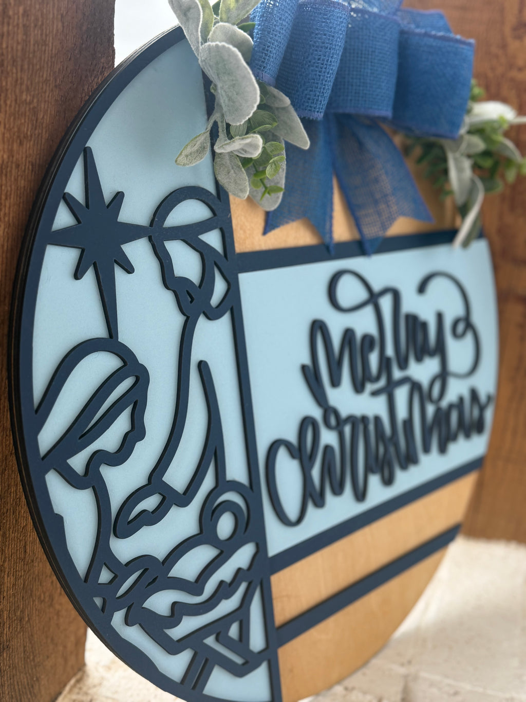 Merry Christmas Nativity Door Sign – Religious Christmas Door Hanger, Handmade Layered Wood Christian Holiday Porch Decor