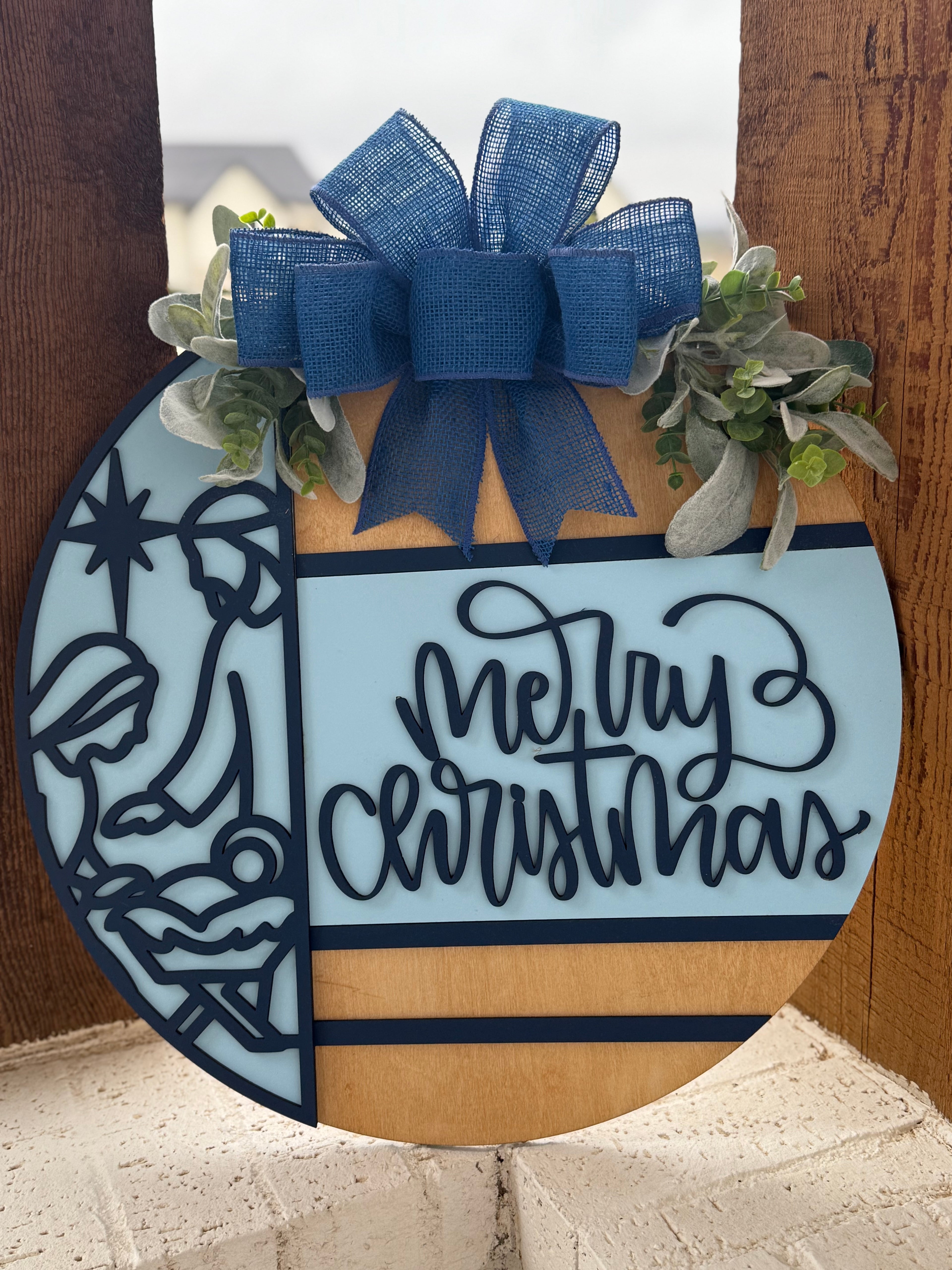 Merry Christmas Nativity Door Sign – Religious Christmas Door Hanger, Handmade Layered Wood Christian Holiday Porch Decor